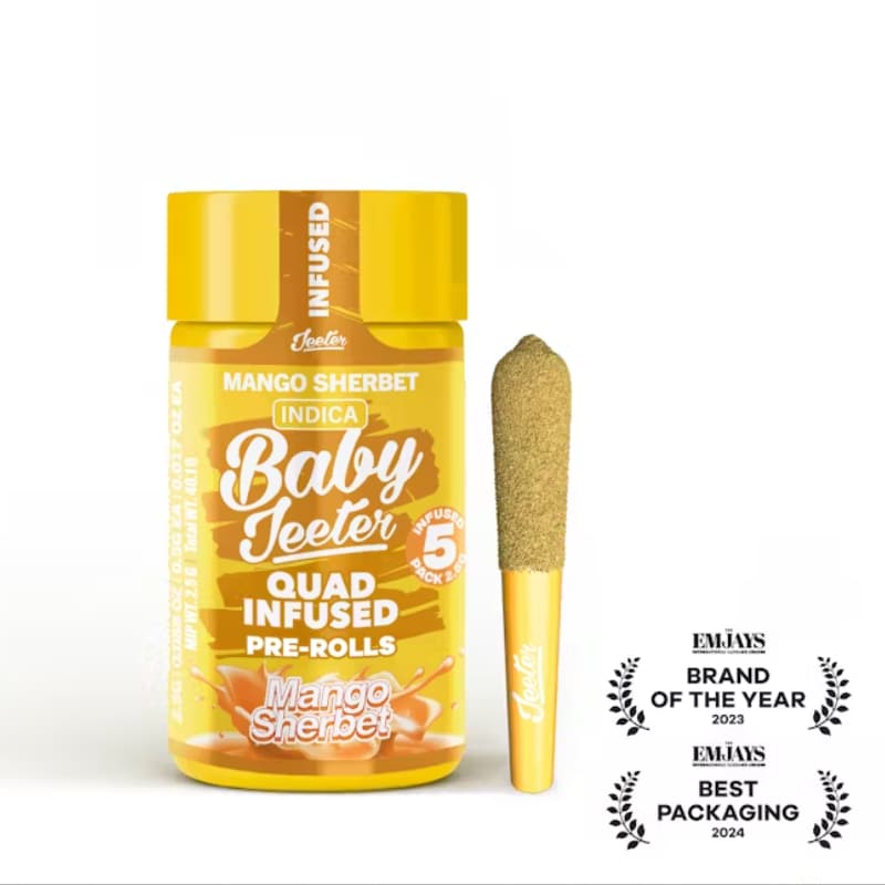 Mango Sherbet - 0.5g x 5 PACK BABY JEETER QUAD INFUSED PREROLL - ROSIN DIAMONDS INFUSED AND KIEF COATED - Jeeter