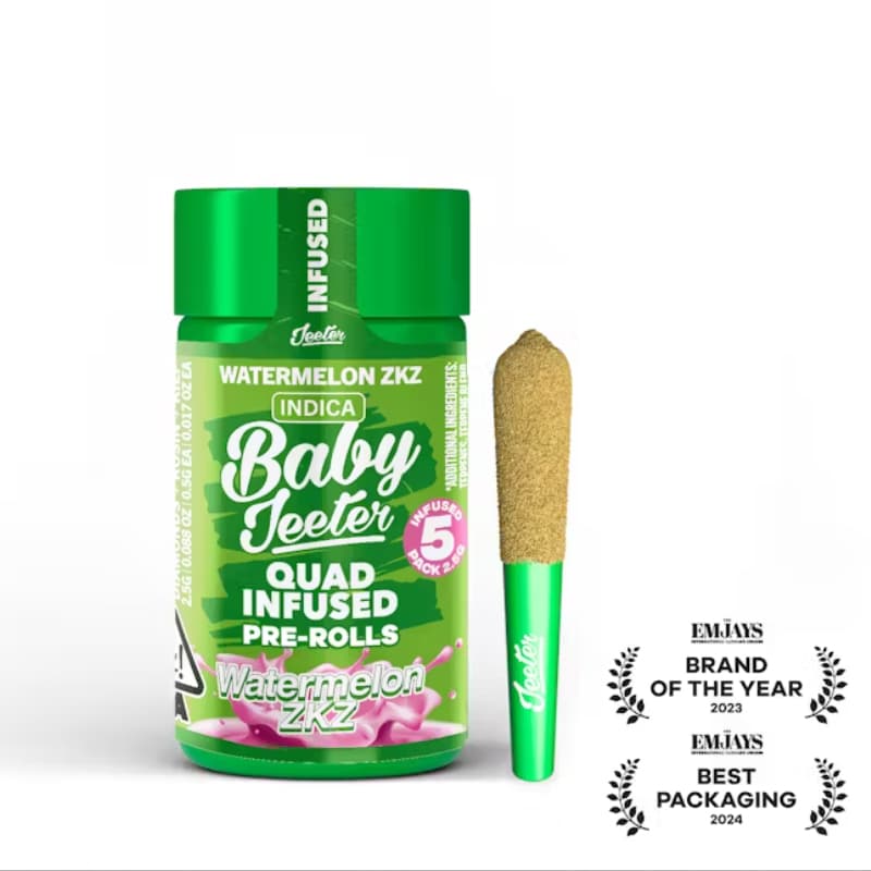 Watermelon ZKZ - 0.5g x 5 PACK BABY JEETER QUAD INFUSED PREROLL - ROSIN DIAMONDS INFUSED AND KIEF COATED - Jeeter