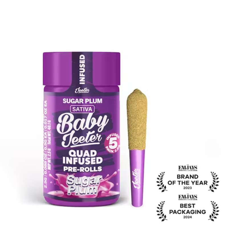 Sugar Plum - 0.5g x 5 PACK BABY JEETER QUAD INFUSED PREROLL - ROSIN DIAMONDS INFUSED AND KIEF COATED - Jeeter