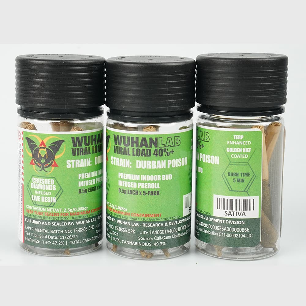 Durban Poison - 0.5g x 5 PACK Viral Load 40 - PREMIUM INDOOR BUD DIAMOND INFUSED KIEF COATED - Wuhan Lab