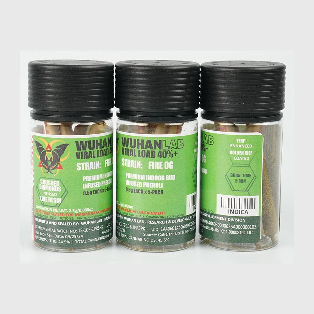 Fire OG - 0.5g x 5 PACK Viral Load 40 - PREMIUM INDOOR BUD DIAMOND INFUSED KIEF COATED - Wuhan Lab