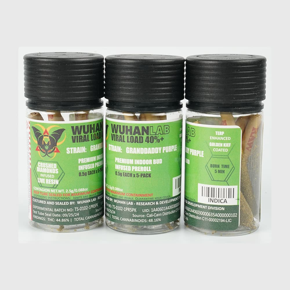 Granddaddy Purple - 0.5g x 5 PACK Viral Load 40 - PREMIUM INDOOR BUD DIAMOND INFUSED KIEF COATED - Wuhan Lab