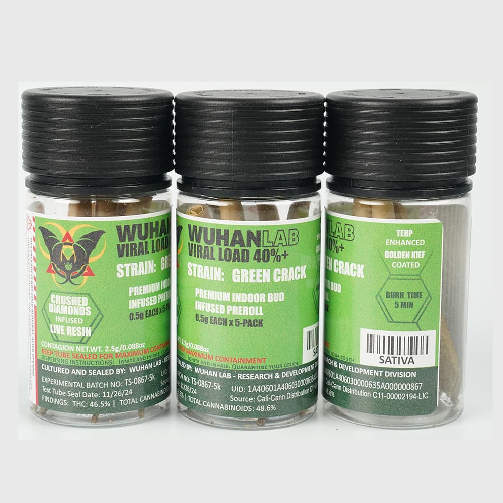 Green Crack - 0.5g x 5 PACK Viral Load 40 - PREMIUM INDOOR BUD DIAMOND INFUSED KIEF COATED - Wuhan Lab