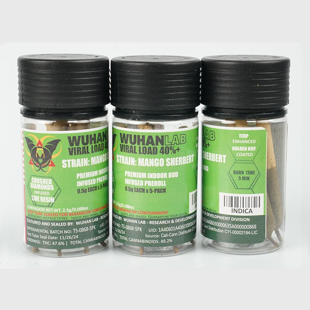 Mango Sherbert - 0.5g x 5 PACK Viral Load 40 - PREMIUM INDOOR BUD DIAMOND INFUSED KIEF COATED - Wuhan Lab