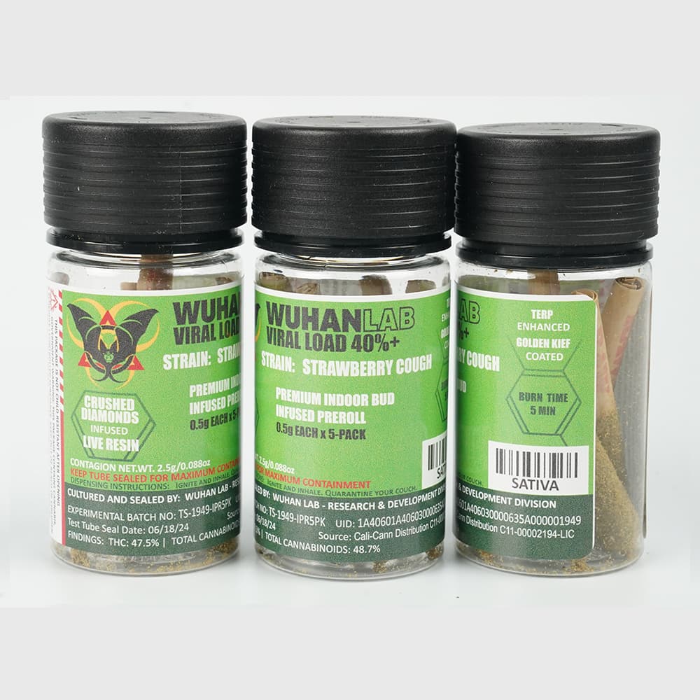 Strawberry Cough - 0.5g x 5 PACK Viral Load 40 - PREMIUM INDOOR BUD DIAMOND INFUSED KIEF COATED - Wuhan Lab