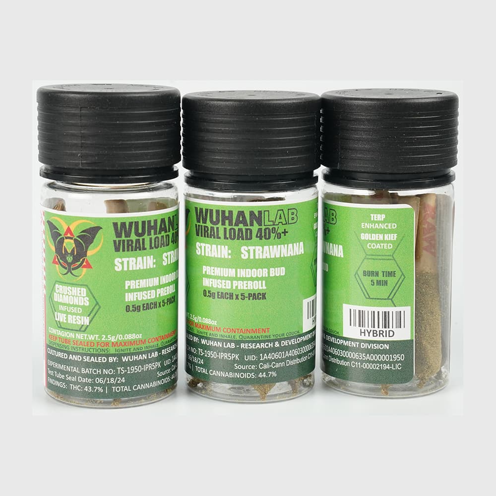 Strawnana - 0.5g x 5 PACK Viral Load 40 - PREMIUM INDOOR BUD DIAMOND INFUSED KIEF COATED - Wuhan Lab