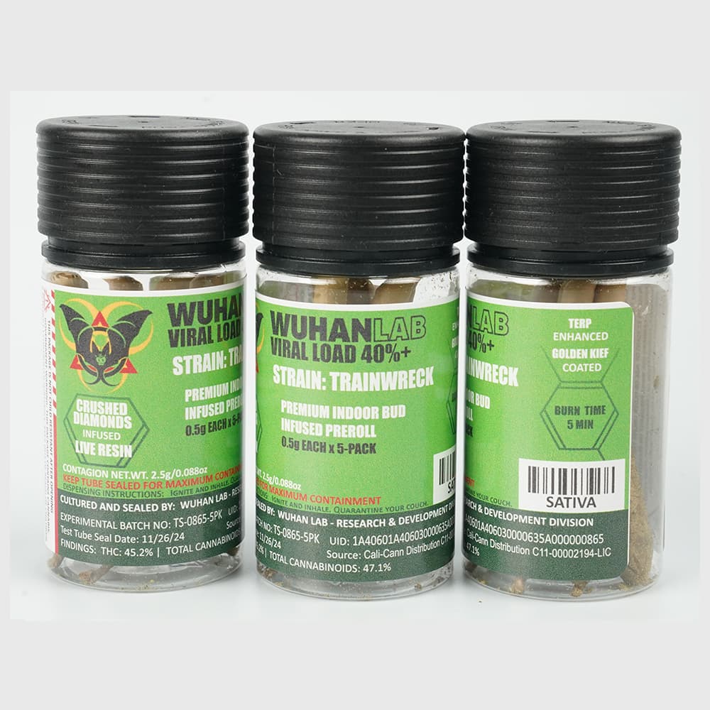 Trainwreck  - 0.5g x 5 PACK Viral Load 40 - PREMIUM INDOOR BUD DIAMOND INFUSED KIEF COATED - Wuhan Lab