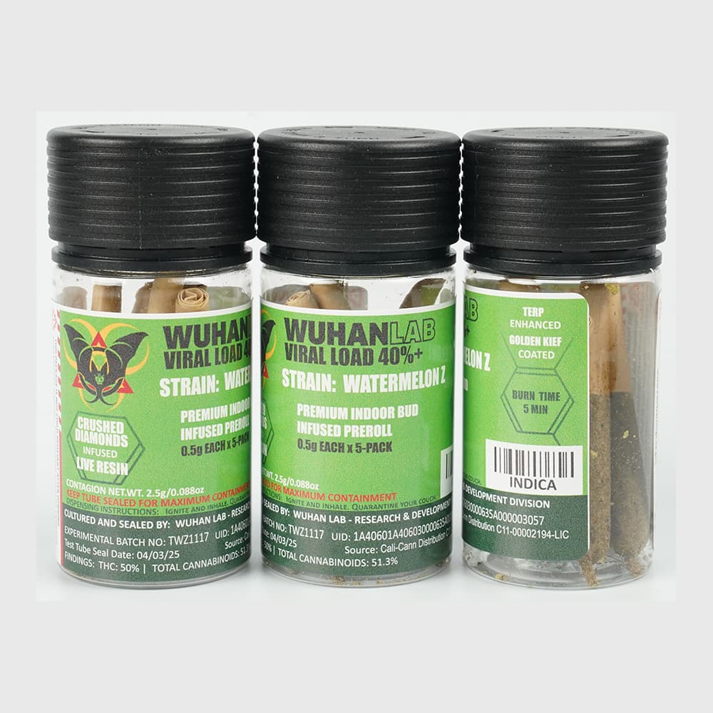 Watermelon Z - 0.5g x 5 PACK Viral Load 40 - PREMIUM INDOOR BUD DIAMOND INFUSED KIEF COATED - Wuhan Lab